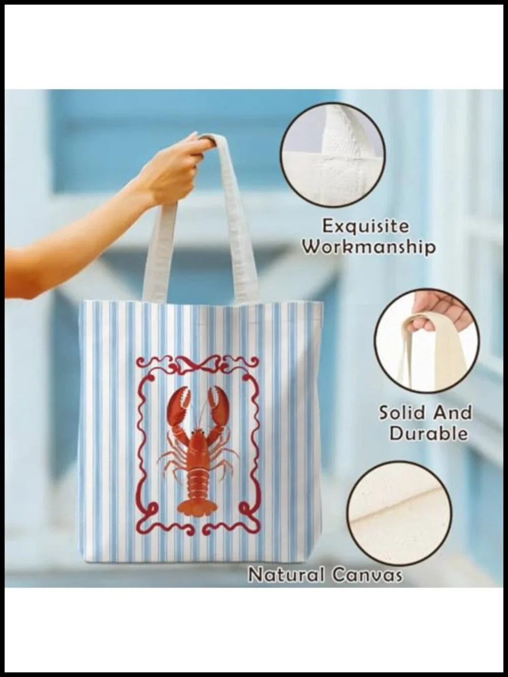 Linen Canvas Tote Bag with Lobster Print, Reusable Shopping Grocery Bag